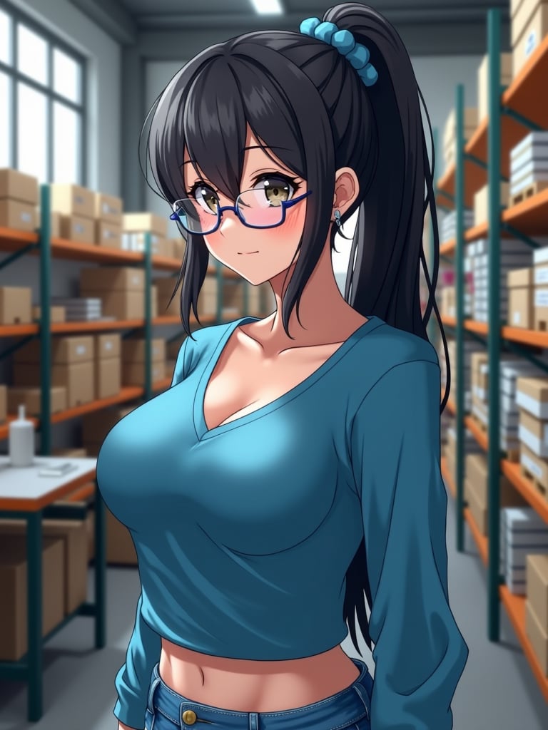 masterpiece, best quality, official art, extremely detailed 8k wallpaper, absurdres, 8k. Thigs up camera angle, include hips. Tight blue sweat long sleeve cleavage top, a photo of Milfie-v2 with wire frame reading glasses, a top scrunchie ponytail. large breasts, huge cleavage, wide hips. Print shop storage area background. 