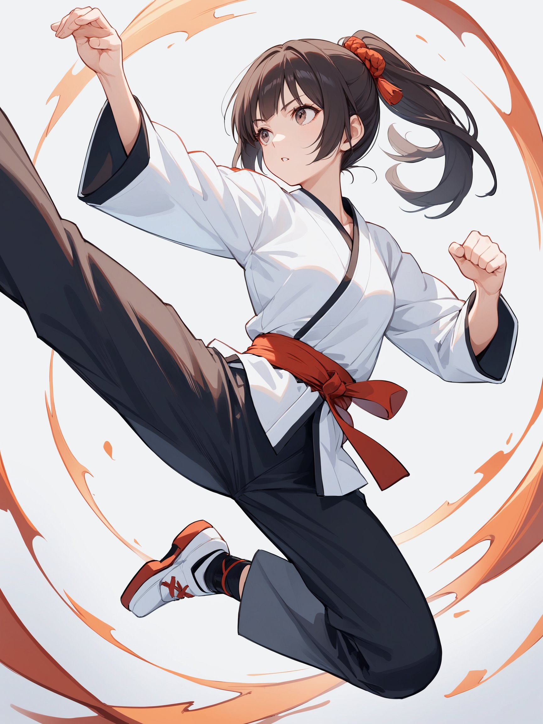 1girl,flying kick,fighting stance, martial arts,two legs soaring into the air