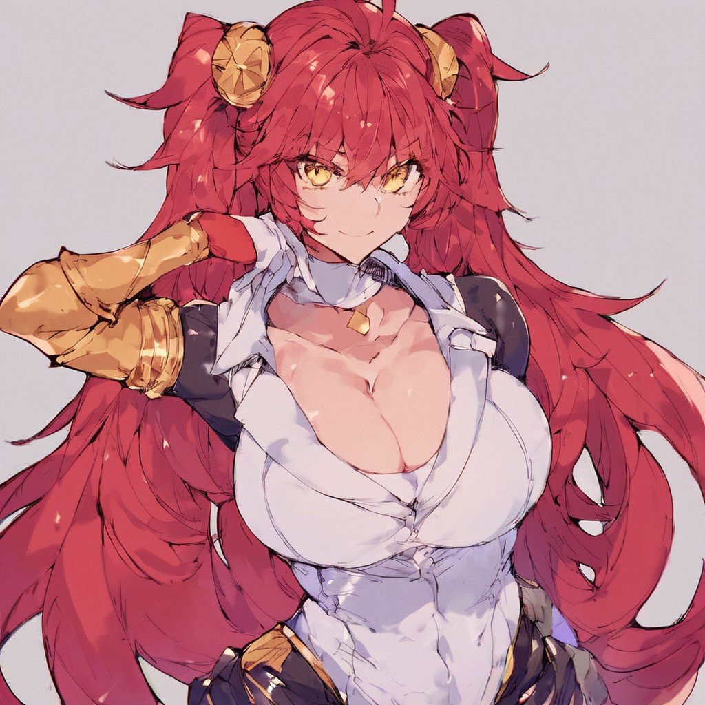 score_9,score_8_up,score_7_up,score_6_up, Stapspats(hisui), Red hair, twintail hair style, spandex bodysuit, cleavage, sexy pose, huge breast, gold eyes,