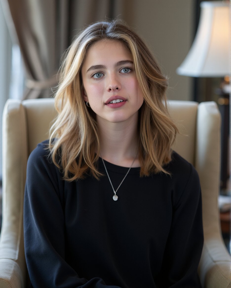 This is a high-resolution photograph of a young woman with a fair complexion and shoulder-length, wavy blonde hair that frames her face. She has striking blue eyes and a natural, light makeup look that enhances her features. Her expression is calm and slightly contemplative, with a subtle smile on her lips. She is wearing a simple, black, long-sleeved top made of a soft, textured fabric. Around her neck, she has a delicate silver necklace with a small, round pendant.The background of the image is softly blurred, suggesting that the photograph was taken indoors, possibly in a well-lit room. Behind her, there is a beige upholstered chair and a classic table lamp with a cream-colored shade, which adds a touch of warmth to the scene. The overall color palette of the image is neutral, with the focus on her natural beauty and the simplicity of her attire.The lighting is soft and natural, likely coming from a window on the left side of the image, which casts a gentle glow on her face and highlights her hair. The composition of the photograph is well-balanced, with the woman centered and the background softly out of focus, drawing attention to her serene and elegant appearance.,Jennifer Lawrence,<lora:Margaret_Qualley_Flux_V1:1>