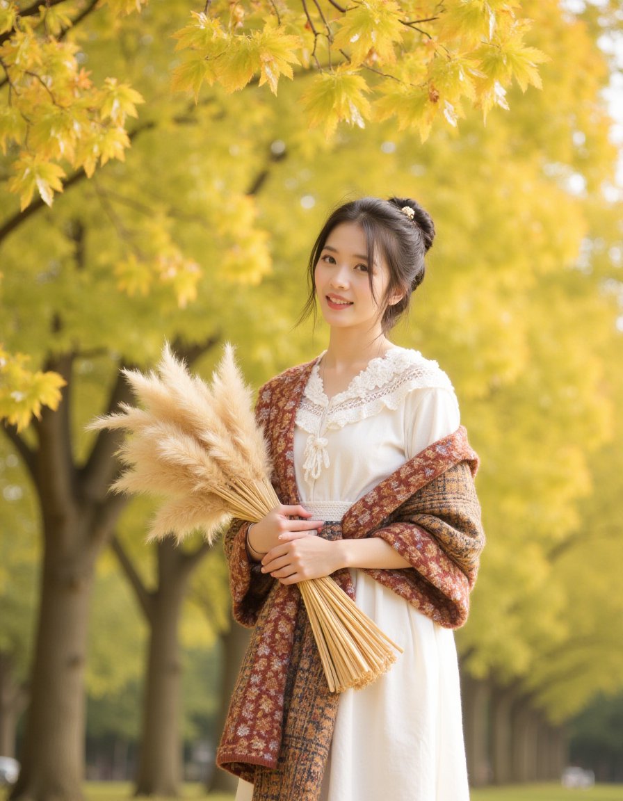 qiutian,  A young woman in the peaceful autumn. She was wearing a white dress with delicate lace details and a multi color...