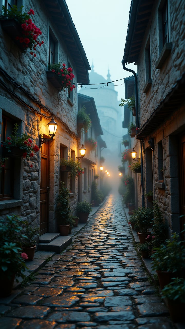 Narrow cobblestone street in an old European village, quaint houses with flower boxes, lanterns casting warm light, early morning mist, experimental photography, double exposure   , aidmafluxpro1.1