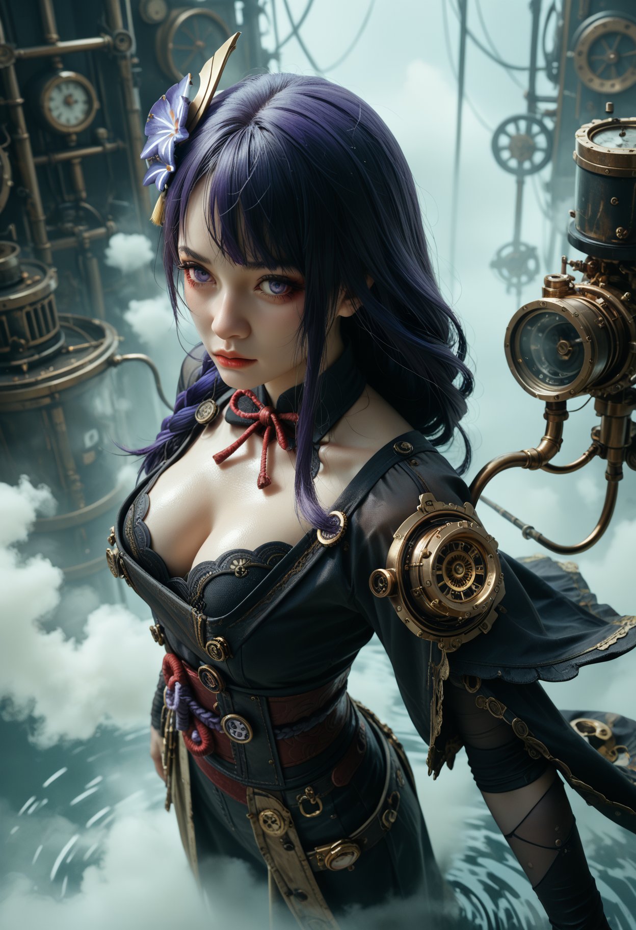 score_9,score_8_up,score_7_up,beast_quality,masterpiece,raiden shogun,steampunk,girl wearing sci-fi clothes with weird metal parts all over her clothes,the background is a complex city full of pipe gears,water vapor,fog,from_above,breasts_focus,