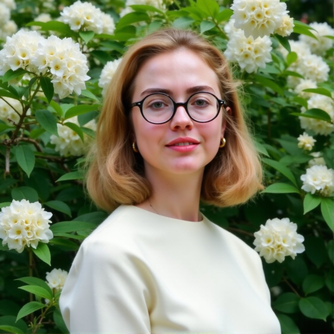 This photograph features a young woman with a fair complexion and straight, shoulder-length blonde hair that frames her face. Her hair is styled in a sleek bob with a slight side part, and she has a smooth, even complexion with a natural, radiant glow.  She wears large, black-framed eyeglasses that have a slightly cat-eye shape, giving her a sophisticated look. Her lips are painted a soft, natural pink, and she has a neutral expression on her face.The woman is dressed in a simple, white top, which contrasts subtly with the vibrant green foliage and white flowers around her. The flowers are in full bloom, with delicate white petals and green leaves, creating a lush, natural backdrop that frames her from both sides. The background is slightly out of focus, emphasizing the subject and adding depth to the image.The overall mood of the photograph is serene and natural, with the soft lighting enhancing the delicate textures of the flowers and the smoothness of her skin. The image captures a moment of quiet contemplation or reflection, with the woman standing still amidst the blooming flowers, highlighting the beauty of nature and the human form.,Hillary_Clinton, <lora:Hillary_Clinton_Flux_V1:1>