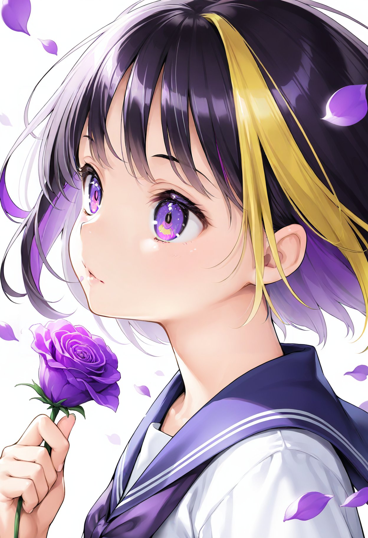 1girl, solo, flower, petals, holding flower, holding, purple flower, white background, multicolored hair, simple background, black hair, sailor collar, purple eyes, streaked hair, serafuku, from side, school uniform, portrait, blonde hair, purple theme, falling petals, multicolored eyes, short hair, rose, purple sailor collar, purple hair, hand up, floating hair, blue sailor collar