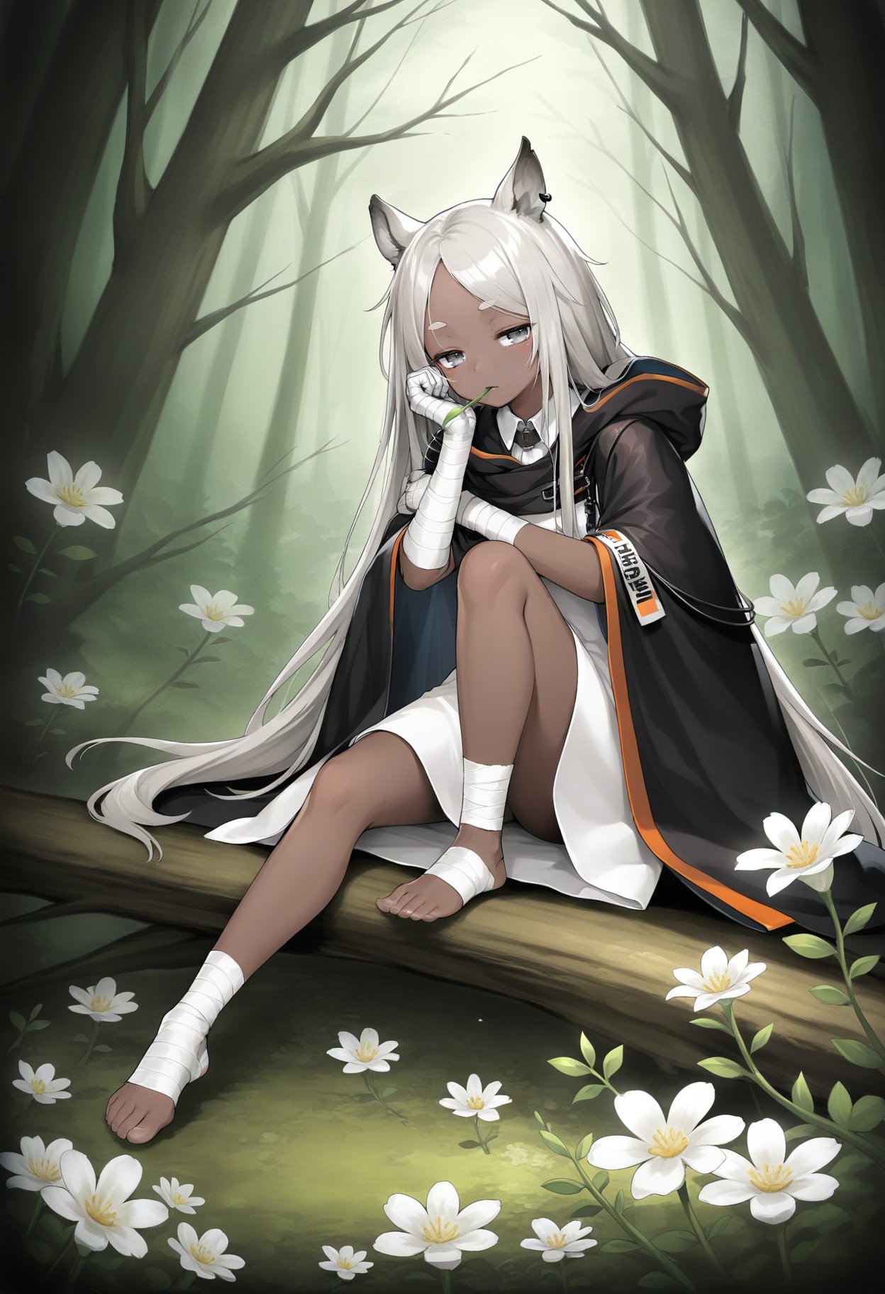 1girl,inam \(arknights\), arknights,bandaged foot, bandaged hand, bandages, black cloak, cloak, closed mouth, dark-skinned female, dark skin, flower, forehead, forest, grey eyes, grey hair, half-closed eyes, hood, hood down, hooded cloak, knee up, long hair, nature, parted bangs, plant, solo, thick eyebrows, very long hair, vines, white flower, white dress, sitting, mouth hold, bandaged hand, collared dress, stalk in mouth, full body, hand up, dress, bandaged arm, bare tree, looking at viewer, tree