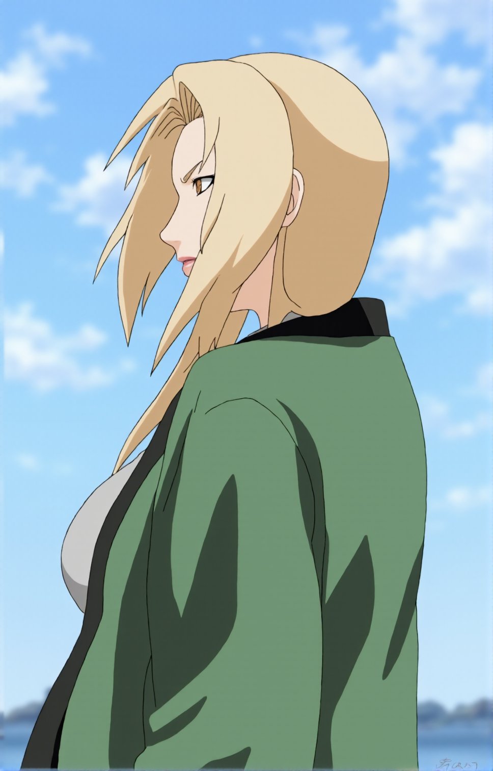 This is front view from half-body picture. Tsunade's upper body is wearing a green jacket. Her eyes are looking forward and the wind is blowing her hair.,Background is clean blue sky and white clouds,tsunade,tsunade's green Jacket \(outfit\),  <lora:Tsunade_Flux_V1_r1:1>