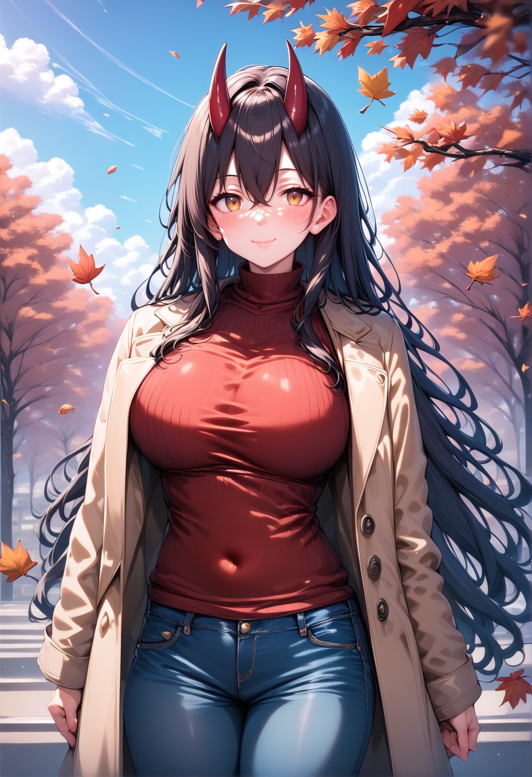 score_9, score_8_up, score_7_up, score_6_up, source_anime, <lora:RMS 0.1v:1>, 1girl, solo, long hair, breasts, looking at viewer, blush, smile, large breasts, black hair, long sleeves, hair between eyes, closed mouth, very long hair, standing, yellow eyes, outdoors, cowboy shot, open clothes, horns, sky, alternate costume, pants, day, cloud, blurry, coat, sweater, blue sky, tree, covered navel, turtleneck, leaf, denim, casual, open coat, ribbed sweater, turtleneck sweater, jeans, blue pants, autumn leaves, brown coat, maple leaf, red sweater, autumn, falling leaves