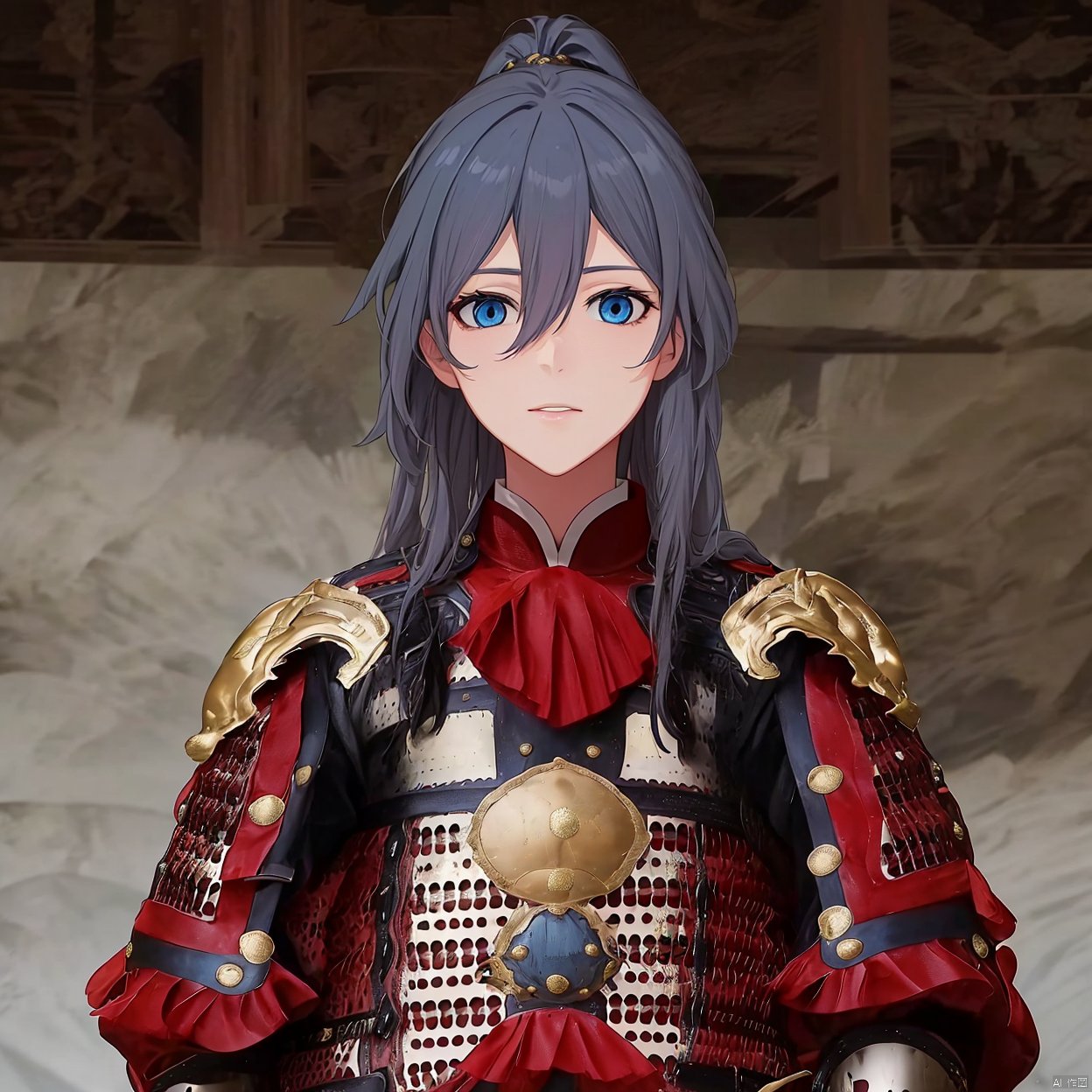 
fu hua,armor,blue eyes,hair between eyes,boots,grey hair,shoulder armor,gauntlets,breastplate,ponytail,in the face,tassel,sheath,sheathed,