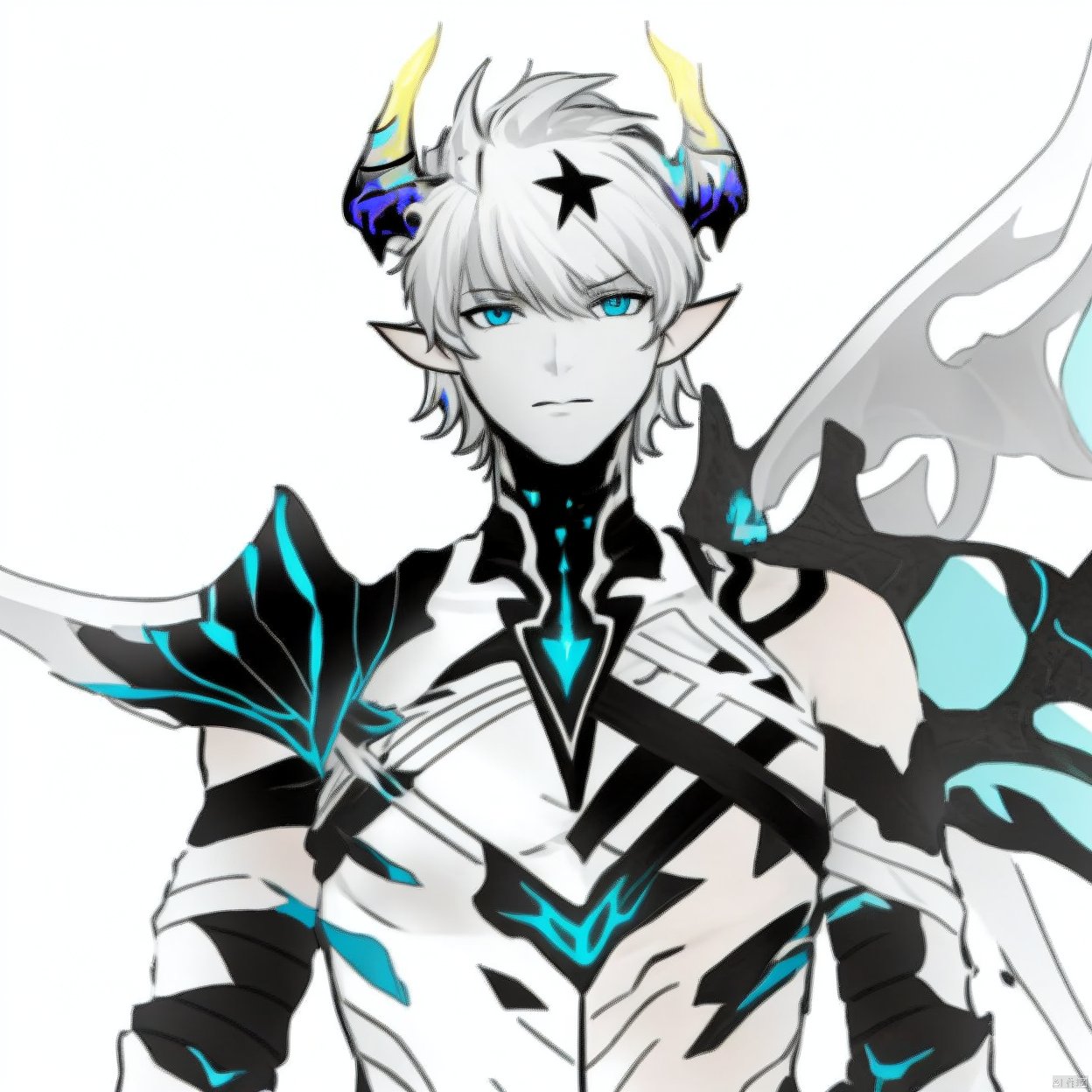 (white background:1.2),looking at viewer,(SOLO:1.4),outline,simple background,upper body, cowboy shot,looking at viewer,
(((arms at side))), pattern on hair,white hair,shoulder armor,demon horns,demon boy,blue eyes,ahoge,face,blue horns,thick eyebrows,pointy ears,male focus,muscular,1boy,bare shoulders