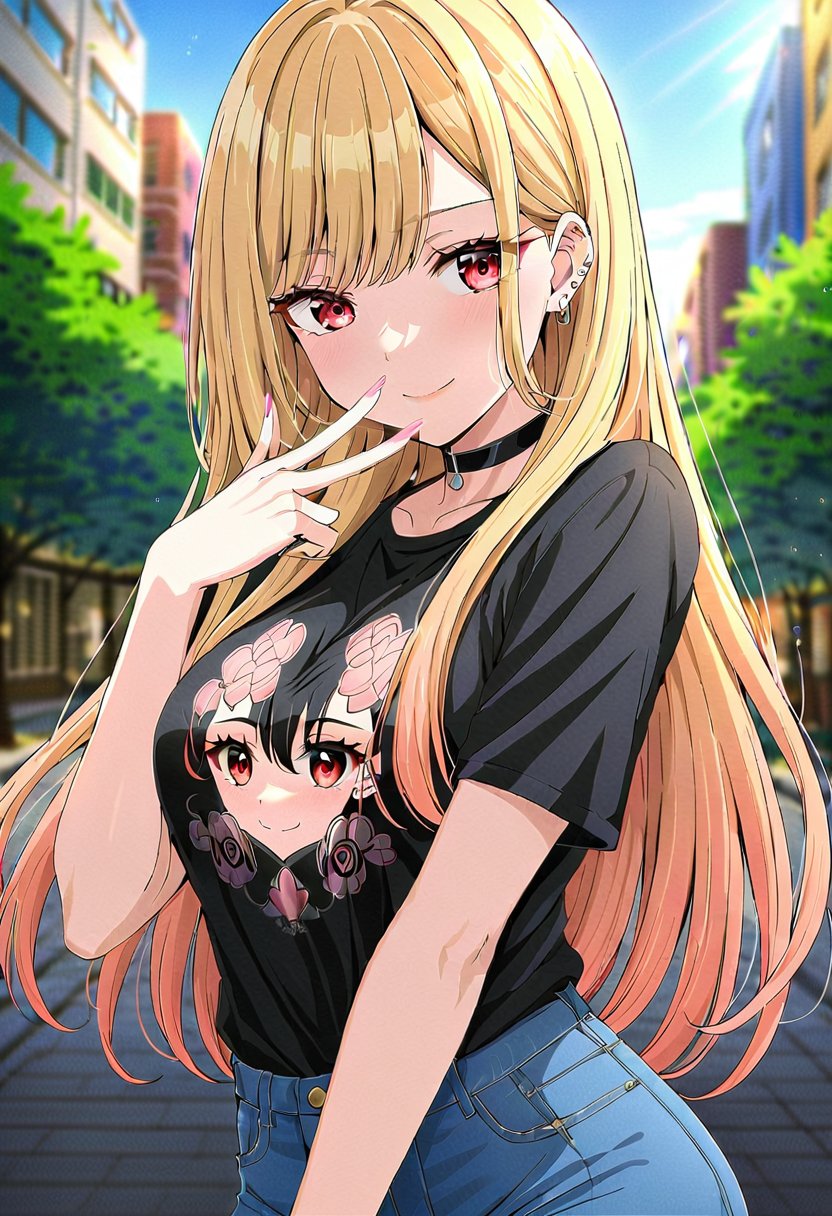 ((masterpiece, best quality)), (ultra detailed, extremely detailed, high resolution), (colorful, anime art style, soft light), highly detailed, detailed background, 8k, UHD, high budget, (cute 1girl in city street, selfie), (Kitagawa Marin), ((perfect hands)), (perfect eyes), (beautiful face), (choker, black t-shirt with print, jeans shorts, stockings), (long hair), blonde hair, (red eyes), earrings with jewels, tattoos, (posing),