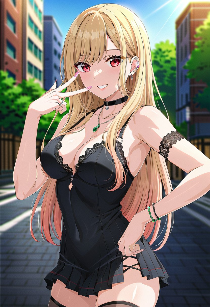 ((masterpiece, best quality)), (ultra detailed, extremely detailed, high resolution), (colorful, anime art style, soft light), highly detailed, detailed background, 8k, UHD, high budget, (cute 1girl in city street, selfie), (Kitagawa Marin), ((perfect hands)), perfect fingers, (perfect eyes), (beautiful face), (choker, ripped black mini dress, stockings), (long hair), blonde hair, (red eyes), earrings with jewels, tattoos, (posing),