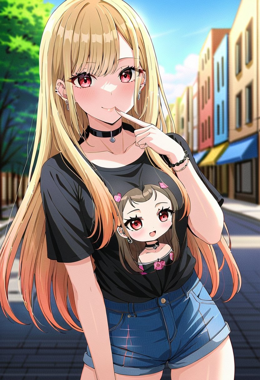 ((masterpiece, best quality)), (ultra detailed, extremely detailed, high resolution), (colorful, anime art style, soft light), highly detailed, detailed background, 8k, UHD, high budget, (cute 1girl in city street, selfie), (Kitagawa Marin), ((perfect hands)), (perfect eyes), (beautiful face), (choker, black t-shirt with print, jeans shorts, stockings), (long hair), blonde hair, (red eyes), earrings with jewels, tattoos, (posing),