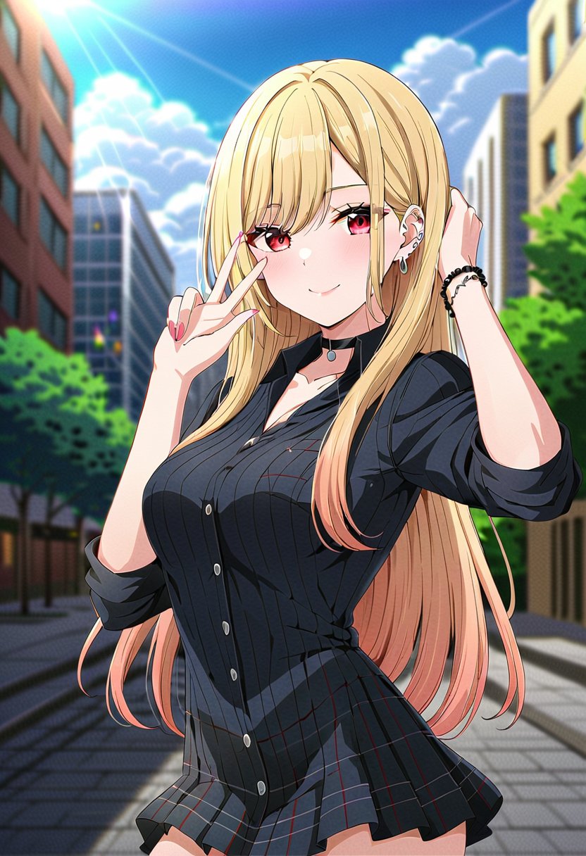 ((masterpiece, best quality)), (ultra detailed, extremely detailed, high resolution), (colorful, anime art style, soft light), highly detailed, detailed background, 8k, UHD, high budget, (cute 1girl in city street, selfie), (Kitagawa Marin), ((perfect hands)), perfect fingers, (perfect eyes), (beautiful face), (choker, ripped black mini dress, stockings), (long hair), blonde hair, (red eyes), earrings with jewels, tattoos, (posing),