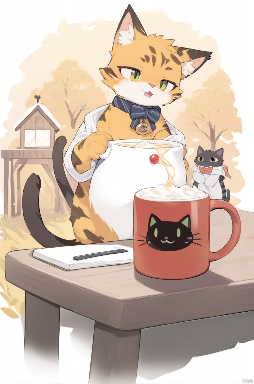 A whimsical scene unfolds as a cat, perched on the edge of a table, appears to be enjoying a mug of beer. With an air of feline sophistication, the cat holds the mug in its paws, its expression one of contented relaxation as it savors the brew. The setting, likely a cozy home, adds to the charm of this anthropomorphic moment, capturing the cat's playful engagement with a humanlike activity., furry, shota,source_furry,fat 