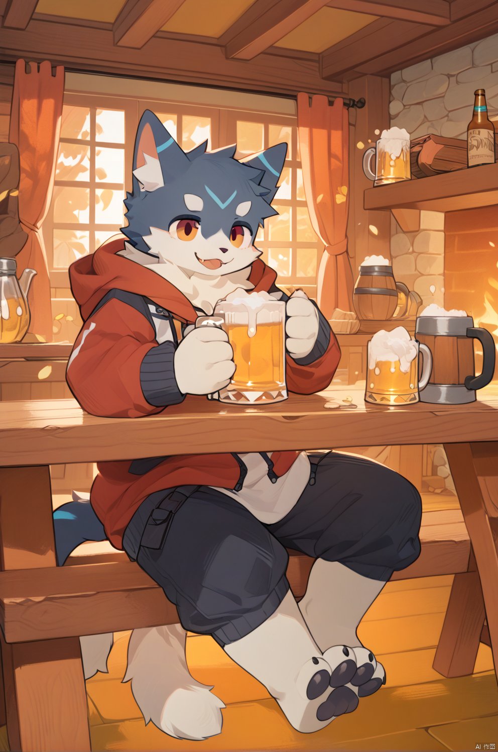 A whimsical scene unfolds as a cat, perched on the edge of a table, appears to be enjoying a mug of beer. With an air of feline sophistication, the cat holds the mug in its paws, its expression one of contented relaxation as it savors the brew. The setting, likely a cozy home, adds to the charm of this anthropomorphic moment, capturing the cat's playful engagement with a humanlike activity., furry, shota,source_furry,fat 