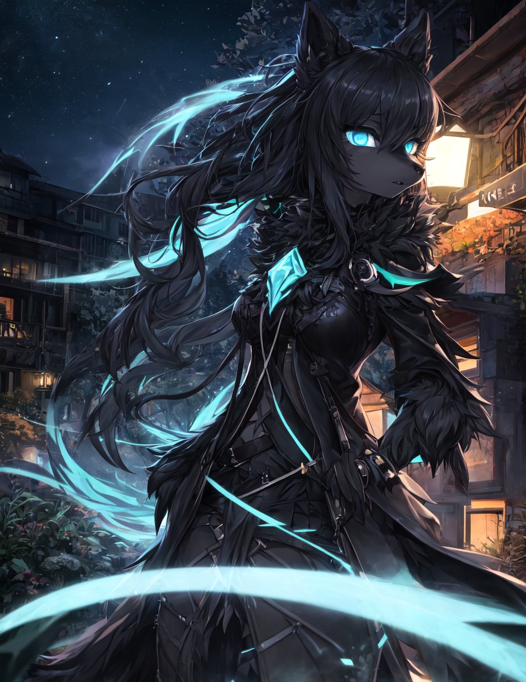 furry, black fur, night, glowing hairs