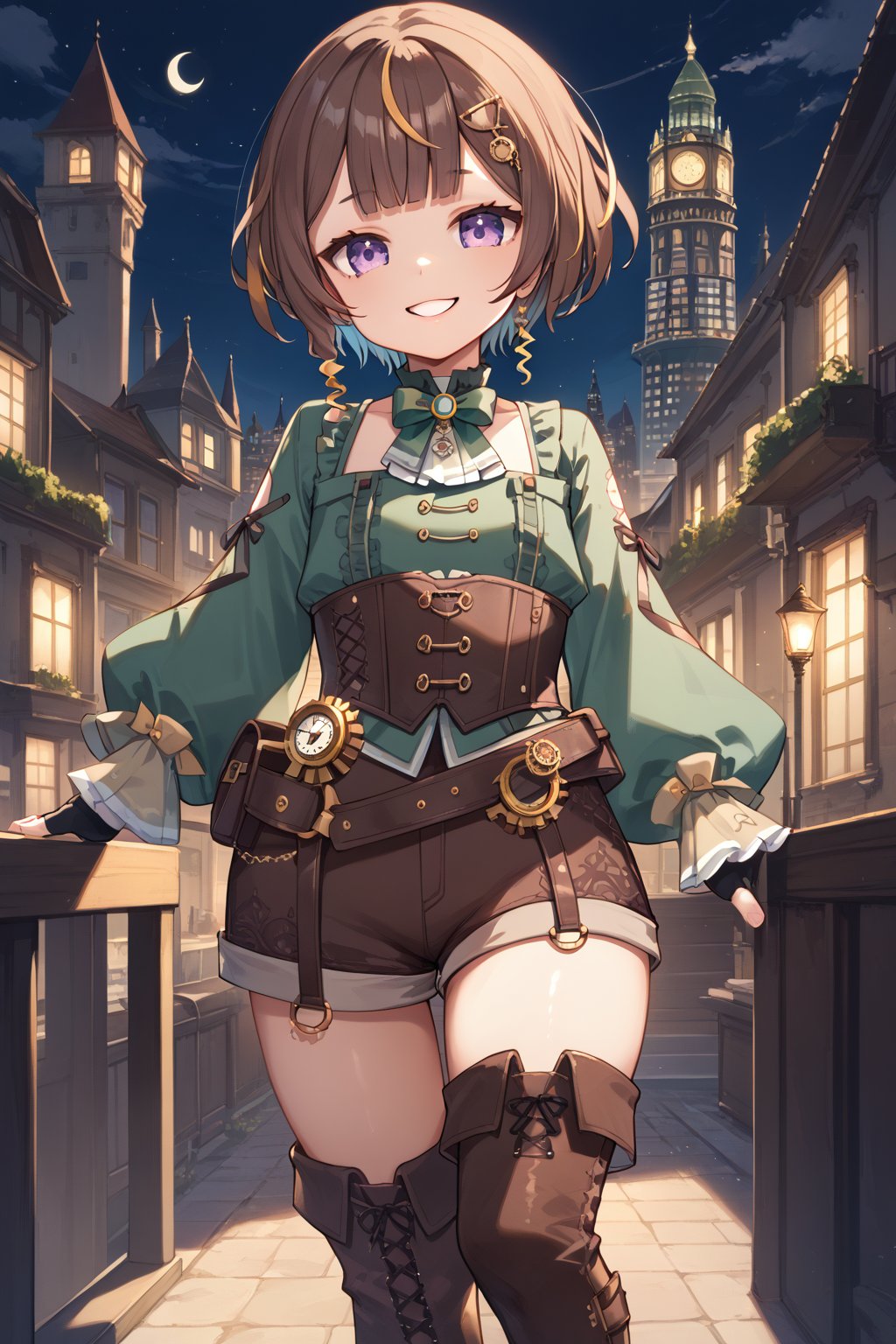 score_9, score_8_up, score_7_up, 1girl,anya melfissa, hololive, purple eyes, brown hair,happy, smile, parted lips,  short hair, green shirt, corset, belt,  fingerless gloves, thigh boots  flat chest, short_hair, gradient_hair, wide_shot, green_shirt, brown_shorts, night, city, steampunk,