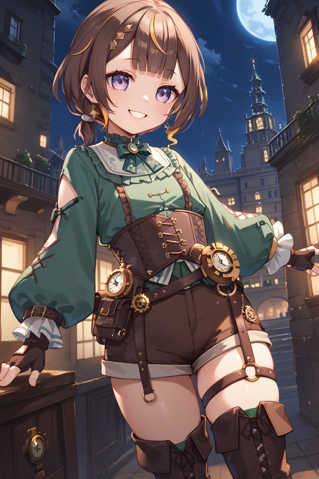 score_9, score_8_up, score_7_up, 1girl,anya melfissa, hololive, purple eyes, brown hair,happy, smile, parted lips, low ponytail, green shirt, corset, belt,  fingerless gloves, thigh boots  flat chest, short_hair, gradient_hair, wide_shot, green_shirt, brown_shorts, night, city, steampunk,