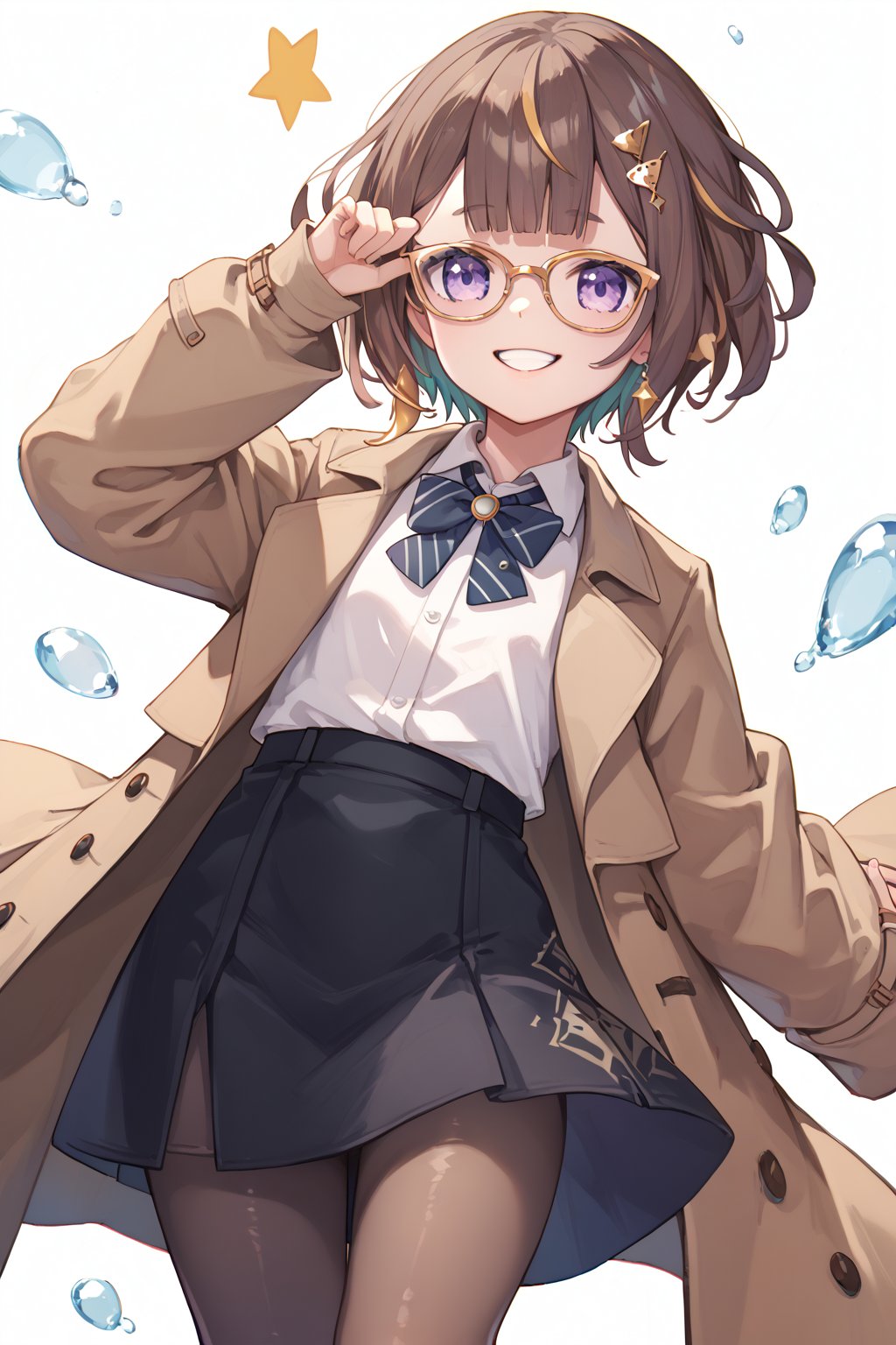 score_9, score_8_up, score_7_up, 1girl,anya melfissa, hololive, purple eyes, brown hair,happy, smile, parted lips,  collared shirt, short hair, glasses, coat, black skirt, pantyhose