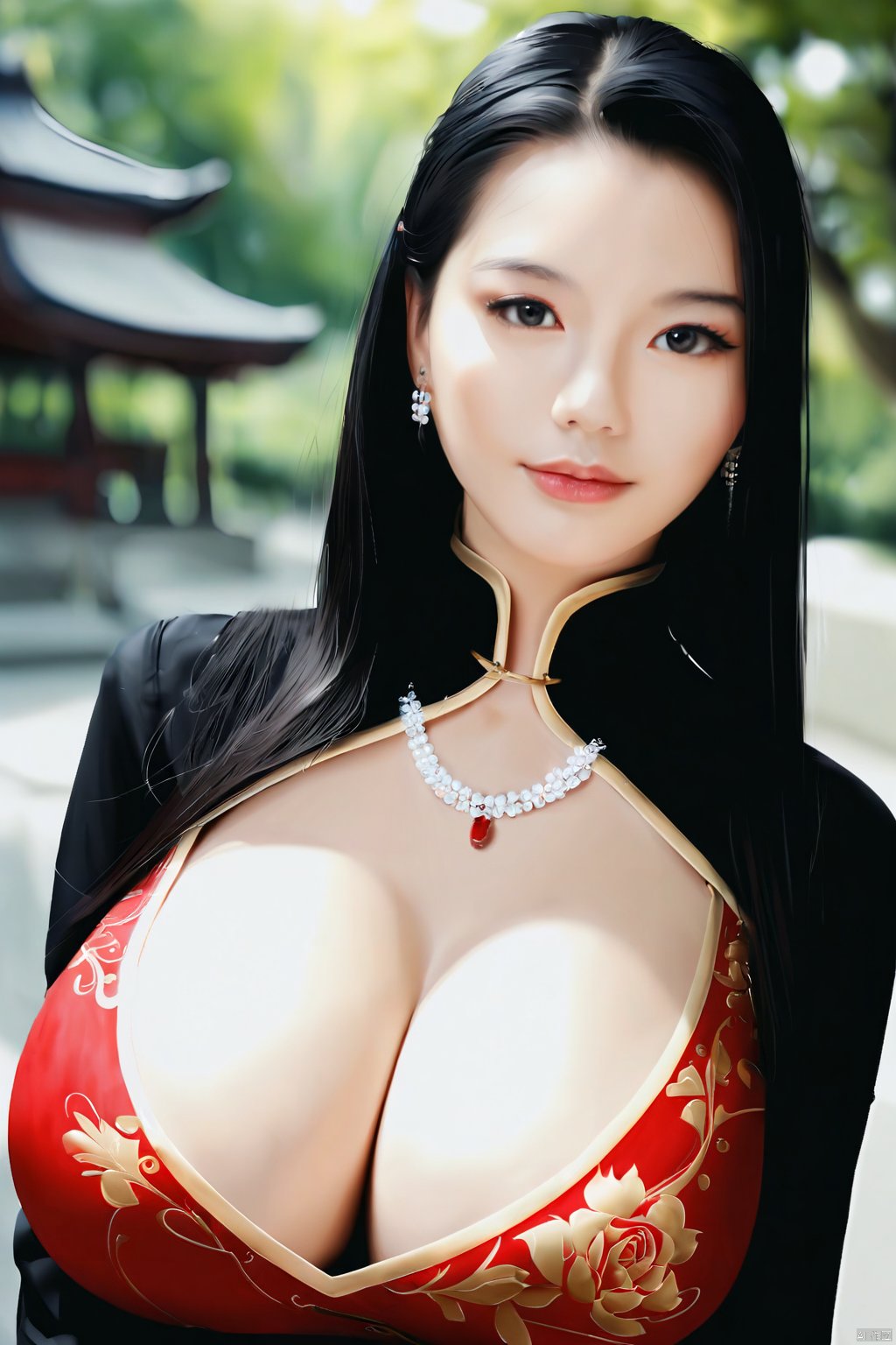  8K image. ((poakl)),1girl, solo, long hair, breasts, looking at viewer, black hair, hair ornament, long sleeves, dress, cleavage, jewelry, upper body, earrings, outdoors, necklace, blurry, blurry background, chinese clothes, realistic,Gigantic breasts