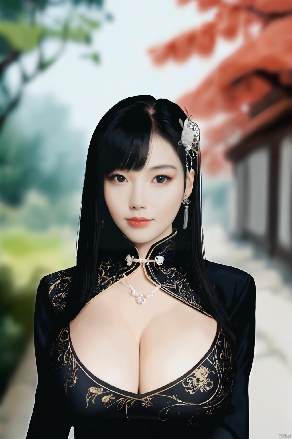  8K image. ((poakl)),1girl, solo, long hair, breasts, looking at viewer, black hair, hair ornament, long sleeves, dress, cleavage, jewelry, upper body, earrings, outdoors, necklace, blurry, blurry background, chinese clothes, realistic,Gigantic breasts