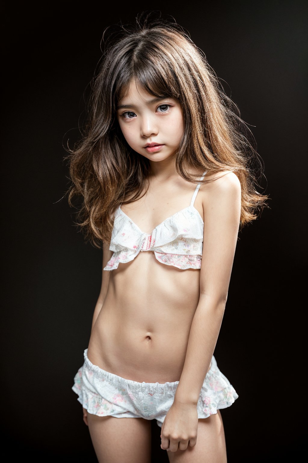 happy, playful,(masterpiece, 8k, photorealistic, RAW photo, best quality, sharp: 1),(1girl, solo:1.1), highly detailed face, (realistic face), (asian preteen:1.2), (age 10-12, pretty japanese girl:1.3), beautiful detailed eyes, sharp-focus, cowboy_shot, Beautiful face,, Baby fat face, 8K, HDR, masterpiece, hyper-realistic, high nose, very skinny, slim thighs, slim legs, small hip, petite, cute, a little lolicon tween girl with a hot body, perfect detailed female tween anatomy, sweet, loli, with beautiful Well-formed hot body, sensual, seductive, light blonde hair, long hair, looking at viewer, navel, brown eyes, shorts, barefoot, hot midriff, summer casual wear, ((Total one color Background))