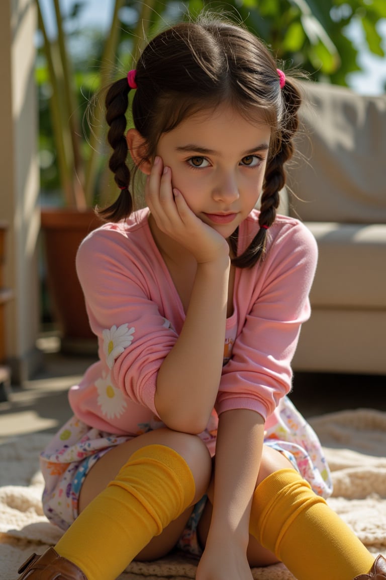 A stunning scene unfolds: An adorable girl,  around 10 years old,  with striking features and captivating charm. The girl...