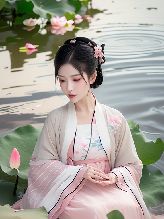 As the sun sets,ripples form on the surface of the lotus pond. The Hanfu maiden sits on a lily pad,her sleeves adorned with delicate pink lotus blossoms. The flowers bloom,their petals unfolding like rosy blush. She gazes quietly at her reflection in the water,a sense of tranquility filling her heart.,