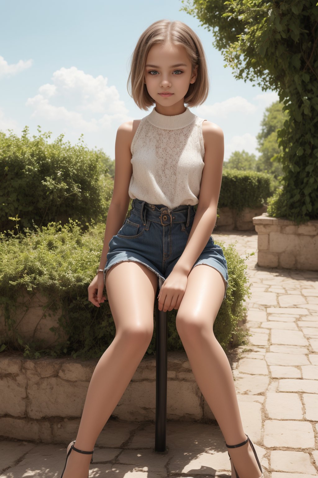 (beautiful face, 8K, HDR, HD.Masterpiece, Hyperrealistic),Full body view of a tween girl with well-formed body and short hair, 11yo, italian, nice hip, nice waist, outside, photorealistic, photography,(sitting or standing in alluring pose),Ultra-Realitic, Ultra-sharp. 