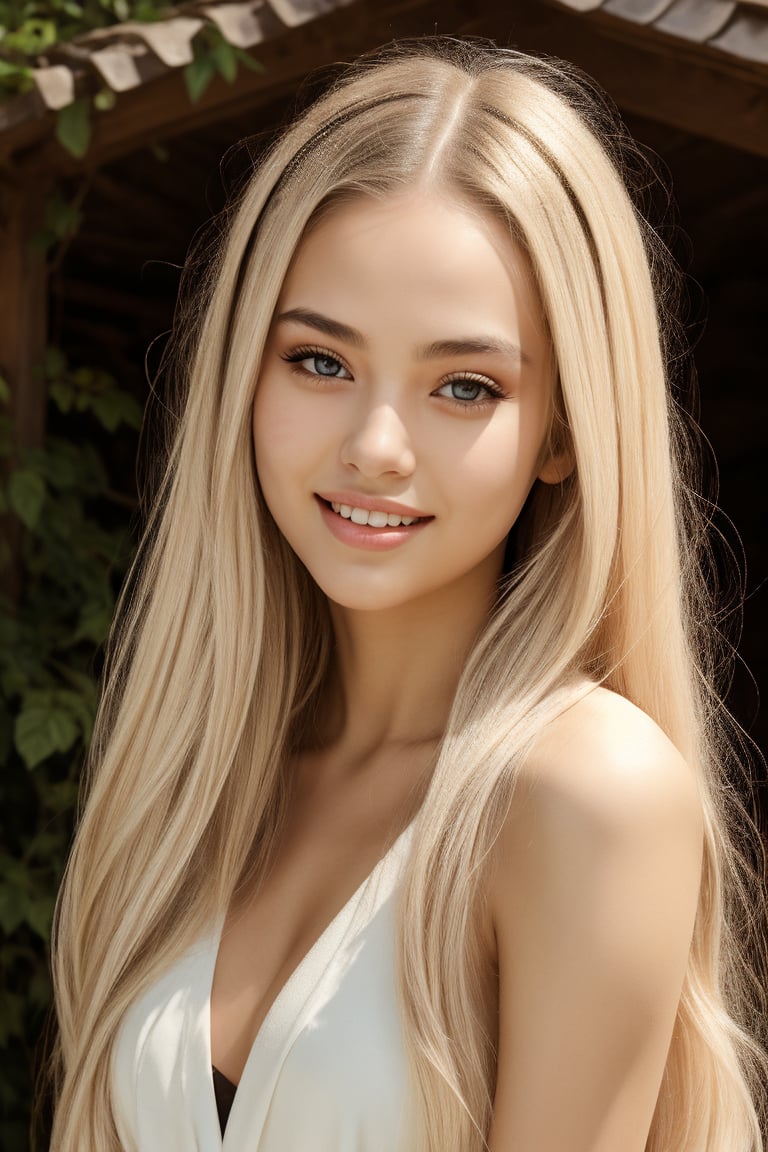 A young woman with long hair stands tall, her bright smile captivating the viewer as she gazes directly into the lens. Her lips are slightly upturned, giving a hint of warmth and approachability. She wears no makeup, allowing her natural features to shine. The background is a gradual transition from light to dark, creating depth without distraction. Her arms rest comfortably at her sides, exuding confidence and serenity.