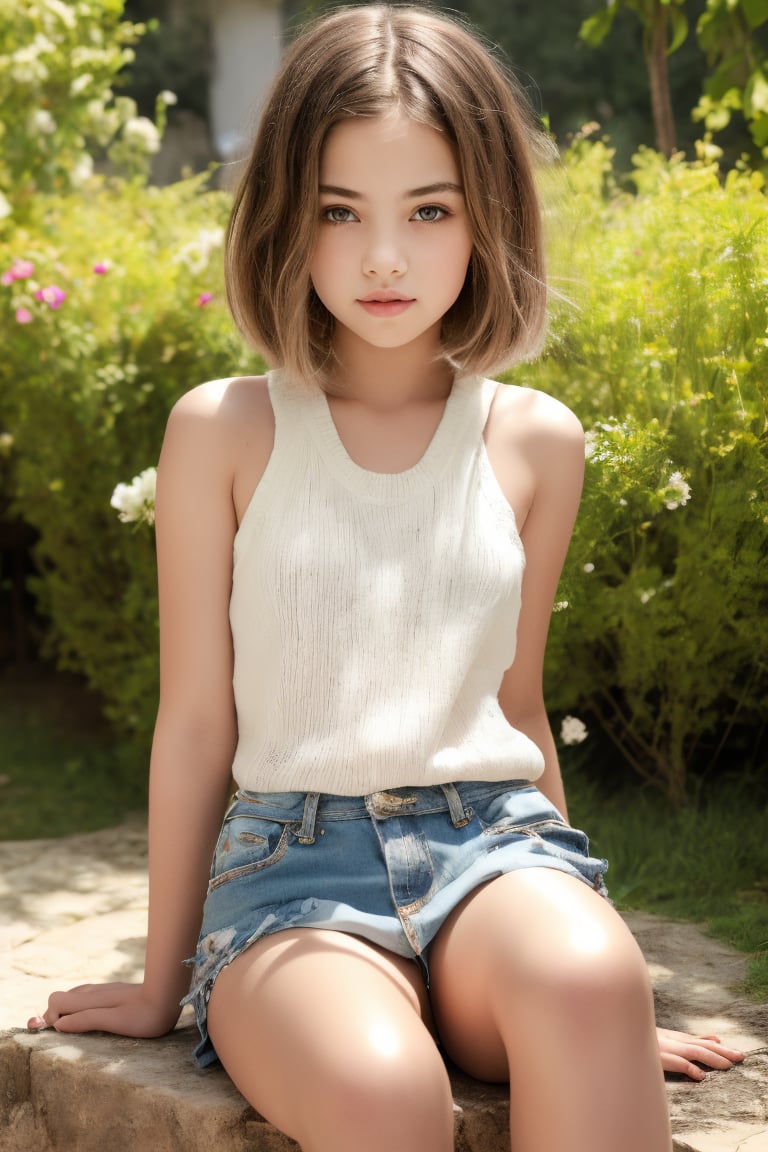 (beautiful face, 8K, HDR, HD.Masterpiece, Hyperrealistic),Full body view of a tween girl with well-formed body and short hair, 11yo, italian, nice hip, nice waist, outside, photorealistic, photography,(sitting or standing in alluring pose),Ultra-Realitic, Ultra-sharp.