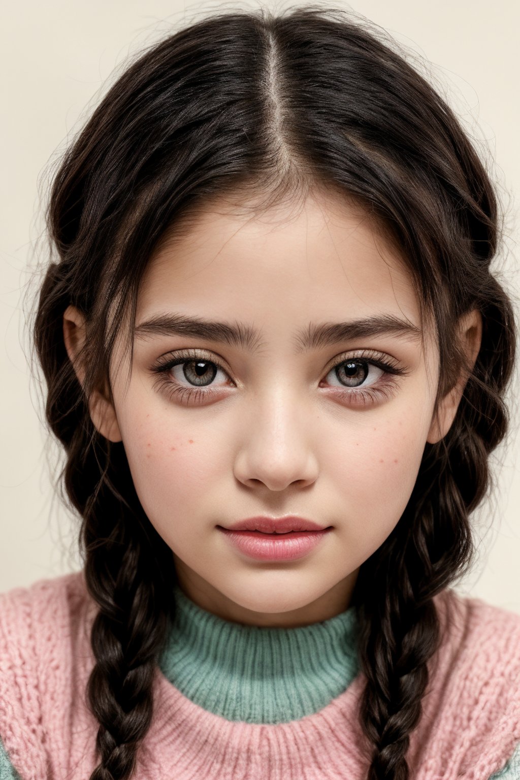 A young esbian girl, no more than 12 years old, stands confidently in a full-body shot with a close-up view of her face. Her short hair is styled with braids, and she wears Dolores Haze-inspired colorful daily clothing from the 1950s-60s era. Her innocent exterior belies her alluring gaze and early physical development, captured in an age-incongruous pose. The camera lingers on her beautiful face, showcasing ultra-detailed eyes that sparkle with childlike wonder.