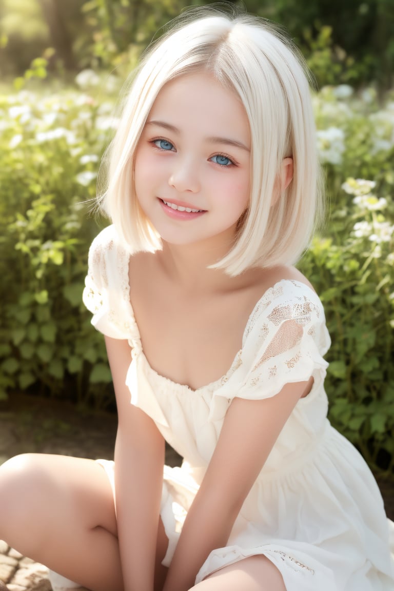 An 11-year-old tween girl with porcelain pale skin and radiant smile sits confidently in an alluring pose on a soft focus blurred background, her short white hair framing her heart-shaped face and bright blue eyes. Her blushing cheeks and delicate folds of her hippie dress are captured in stunning detail by the camera. Shot on Sony A7III with AR 1:2 ratio, this RAW image boasts crisp lines and forms that pop against subtle shadows. The petite frame exudes youthful energy, as if ready to skip off into sunshine. Photorealistic rendering is breathtaking, making it feel like gazing upon a living beauty.