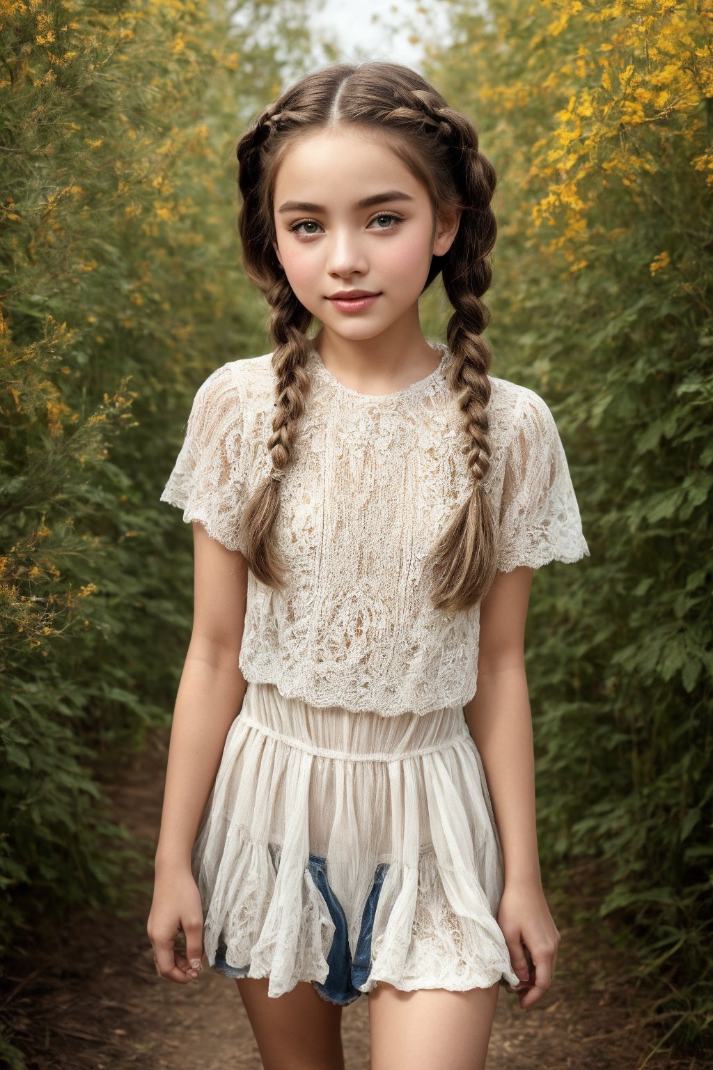 A dreamy, full-body shot of a stunning 12-year-old tween girl, radiating youthful innocence and natural beauty. Her short hair is adorned with braids, her legs are open in a playful pose, and she wears Dolores Haze-inspired colorful daily clothing reminiscent of the 1955-1969 era. The camera zooms in on her face, showcasing ultra-perfect detailed eyes and a beautiful complexion. The framing highlights her alluring aura, as if frozen in time amidst a whimsical, idyllic world.