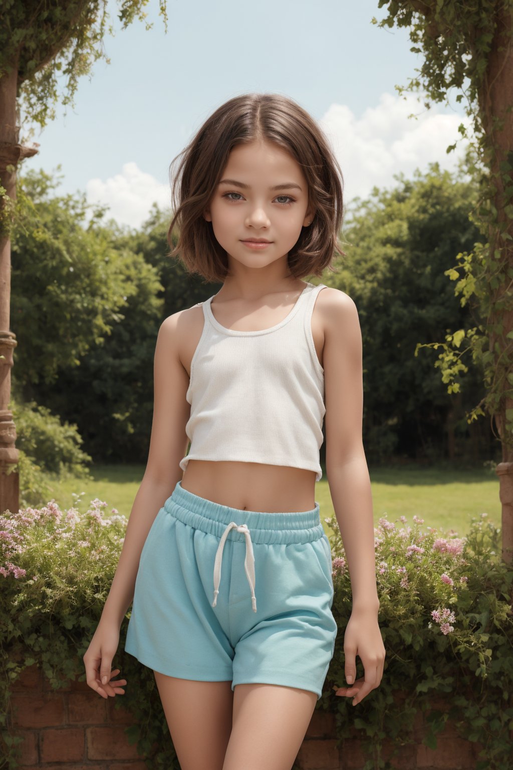 A stunning, hyperrealistic portrait of an 11-year-old tween girl, captured in breathtaking 8K HDR with razor-sharp detail and exquisite lighting. The subject sits confidently, showcasing her toned physique and short hair, clad in comfortable child wear. Her waist and hip are accentuated by a slight pose, emphasizing her youthful beauty. Framed against a vivid outdoor backdrop, the image exudes photorealism, as if plucked directly from reality.