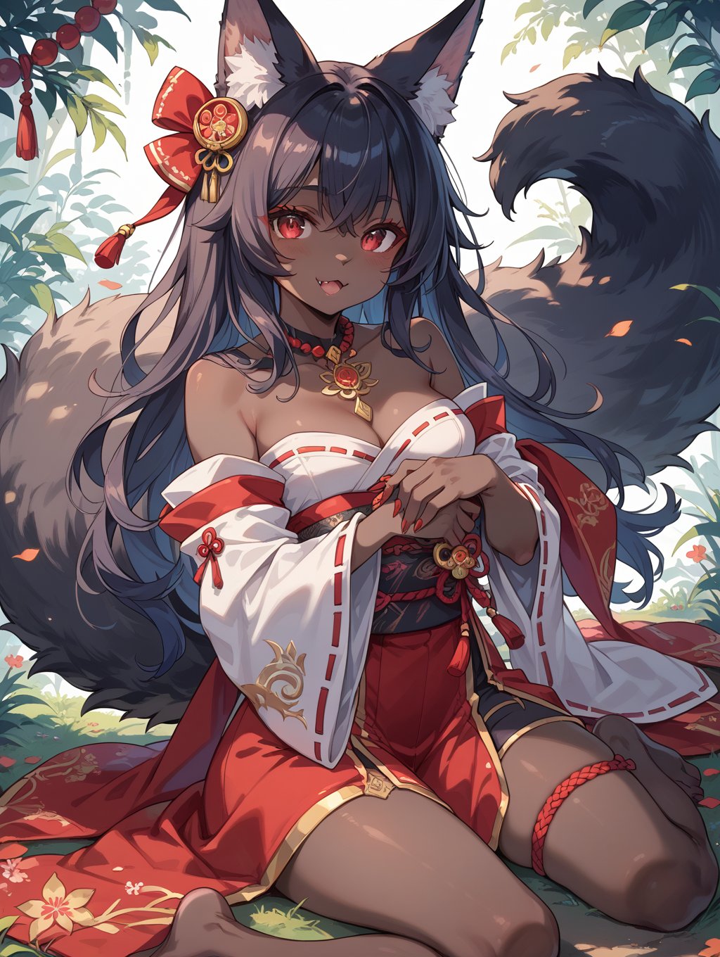 score_9, score_8_up, score_7_up, 
perfect eyes, kitsune, werewolf, red eyes, black skin, pretty girl, cute girl, teasing, 
furry female, anthro female, animal ear fluff, fluffy fur, fluffy tail, source_furry