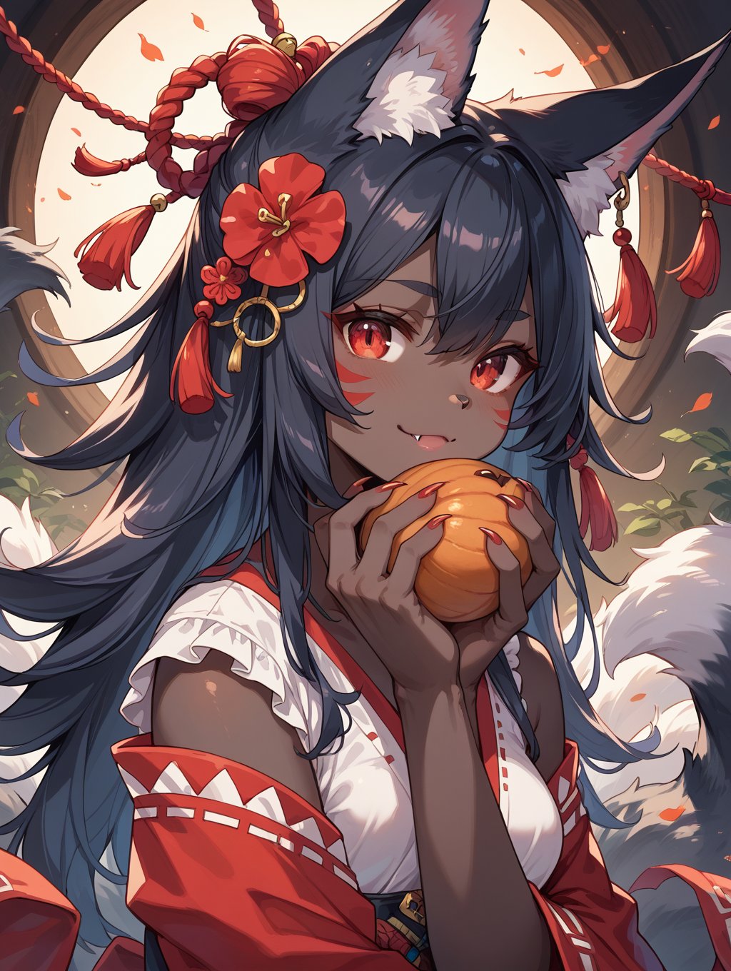 score_9, score_8_up, score_7_up, 
perfect eyes, kitsune, werewolf, red eyes, black skin, pretty girl, cute girl, teasing, 
furry, furry female, anthro female, animal ear fluff, fur, source_furry