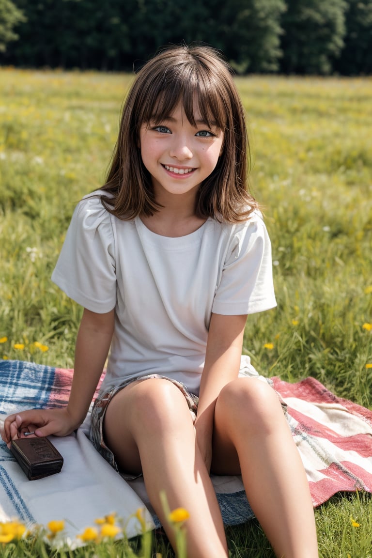 A preteen girl with a carefree smile sits on a colorful picnic blanket in a lush green meadow, surrounded by vibrant wildflowers and tall grasses. Soft afternoon sunlight casts a warm glow on her messy brown hair and freckled nose, while the gentle breeze rustles her short-sleeved shirt.