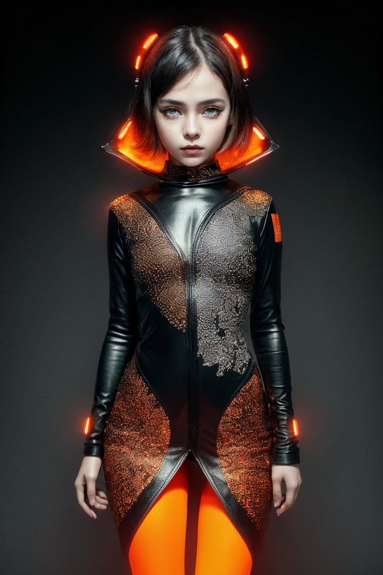 A futuristic fantasy full body images an enigmatic tween girl with intricate, black dots meticulously arranged on her head, resembling a mesmerizing 3D, metallic sculpture. Her elegant, emotive face is illuminated by dark orange and red hues, juxtaposed against light silver accents. She wears futuristic sunglasses with algorithmic artistry, as if the very code itself has been etched onto her eyes. She wears futuristic childish alluring style clothing.  In high resolution, this surreal image transports us to a realm where technology meets artistic expression.(Full Bodyview)