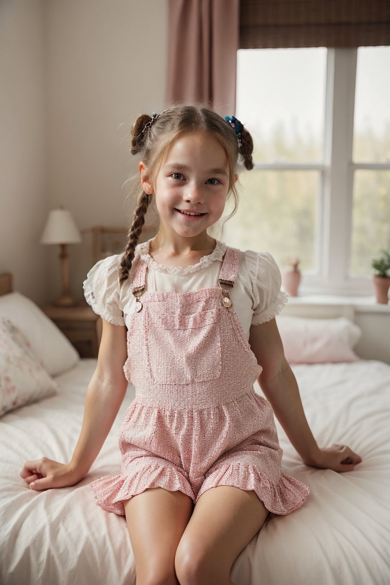 1girl, solo, looking at viewer, brown hair, sitting, frills, socks, indoors, hair bun, apron, window, double bun, bed, on bed, curtains, realistic