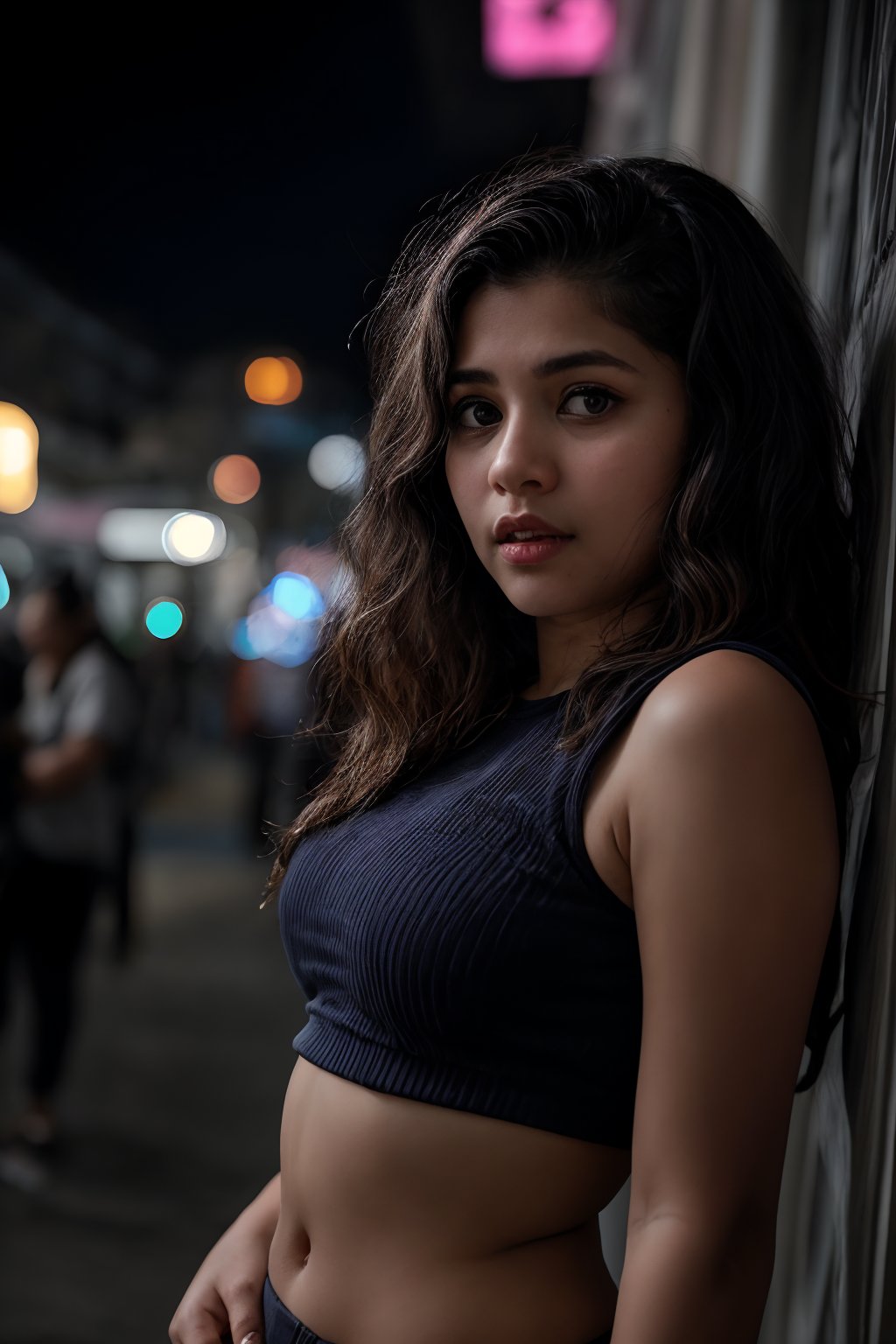 The atmosphere is fun and inviting, featuring colors like black, blue, dark blue, dark purple, gray, light green, purple, and orange. Neon lights in pink, blue, and green illuminate the space, creating a bokeh and Depth of Fieldeffect. The focus is on the girl from the torso to the head, captured in a cinematic style with a Sony A7R IV full-frame camera,T shape navel 