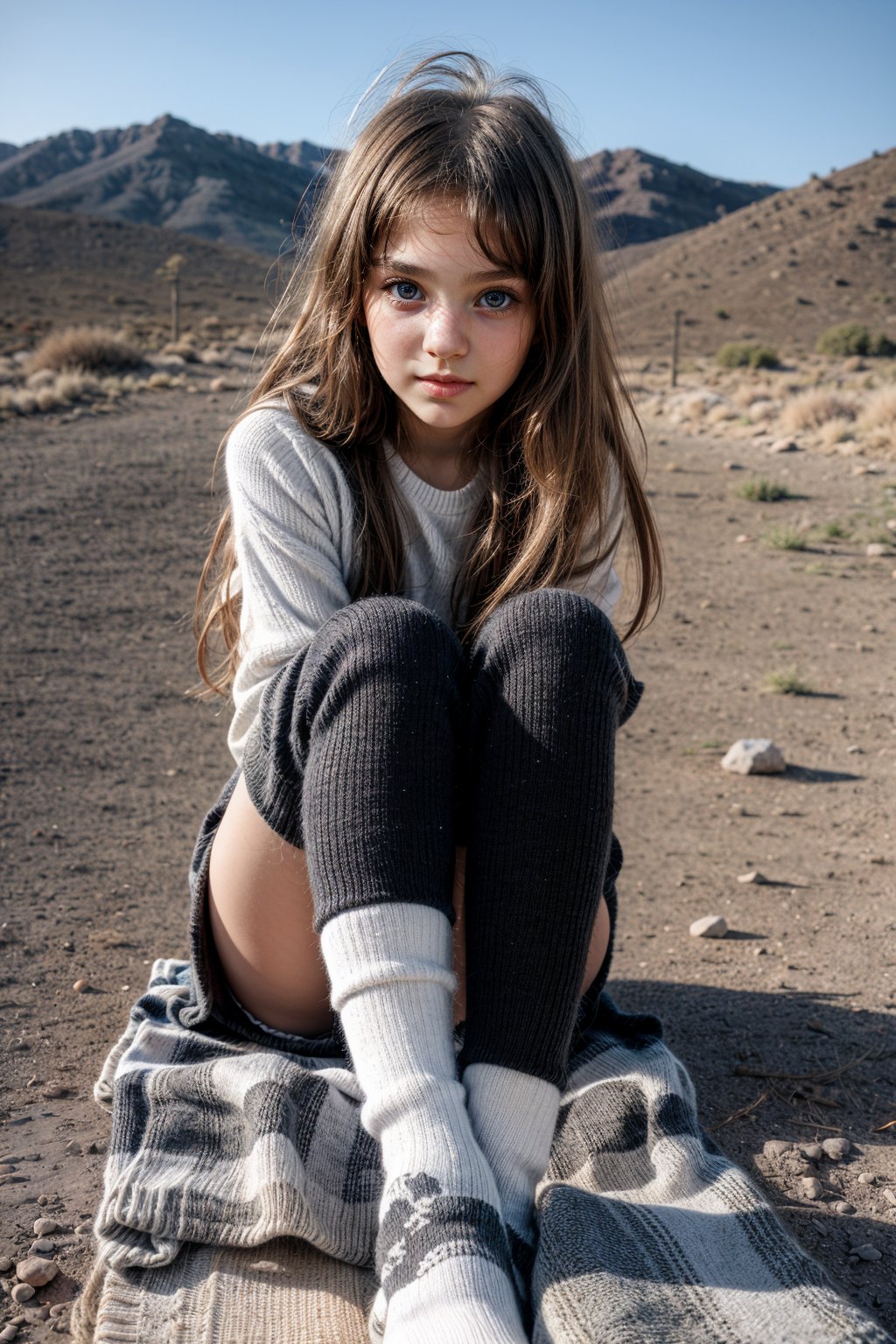 In a breathtaking 8k UHD composition, a petite 11yo Tween girl, piercing eyes, childish alluring wear with thigh-high socks, sitting outdoor. 