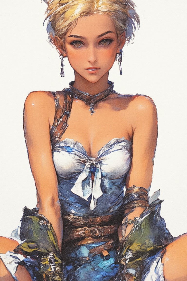 Here's a prompt for an image:

Create a whimsical watercolor painting of a solo girl sitting on a white background, looking directly at the viewer with a confident gaze. Her short hair is styled in a spiky fashion, and she wears puffy short sleeves, boots, and an ascot. A delicate jewelry piece adorns her neck. The background is simple yet textured to resemble watercolor paper. The overall style resembles a sketch or painting using colored pencils.,paper texture,art,art_solyanka