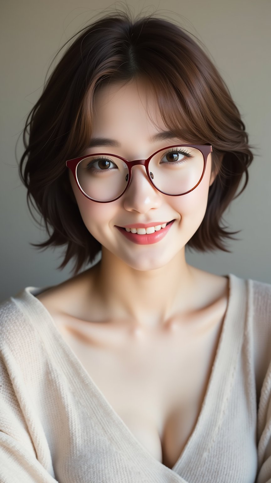 A young Beautiful Korean woman, short brown hair, daily outfit, wearing glasses, charming smile face to camera