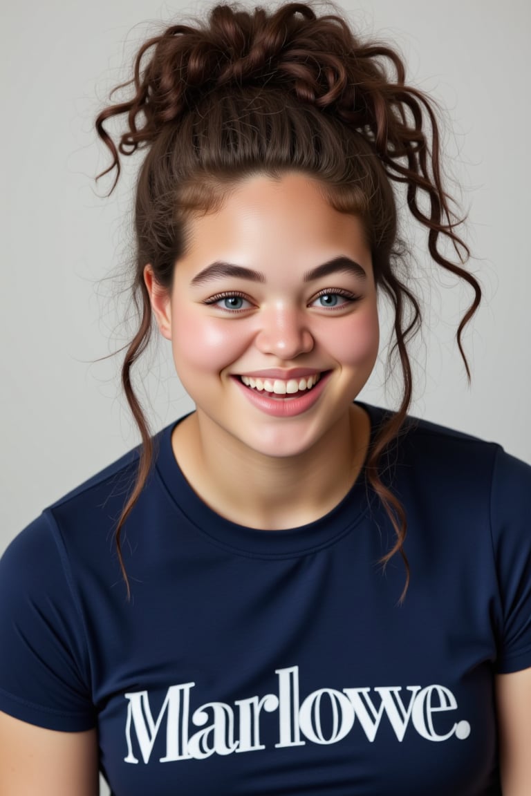 close-up portrait shot of a 40 year old woman wearing a dark blue teeshirt with the words "Marlowe." emblazoned on it in bold white block text, laughing and smiling, gazing into the camera lens at an angle. The subject's long hair is curly and in a bun, framing her round face against a clean and minimalist background. The overall focus is on the subject's facial features.,