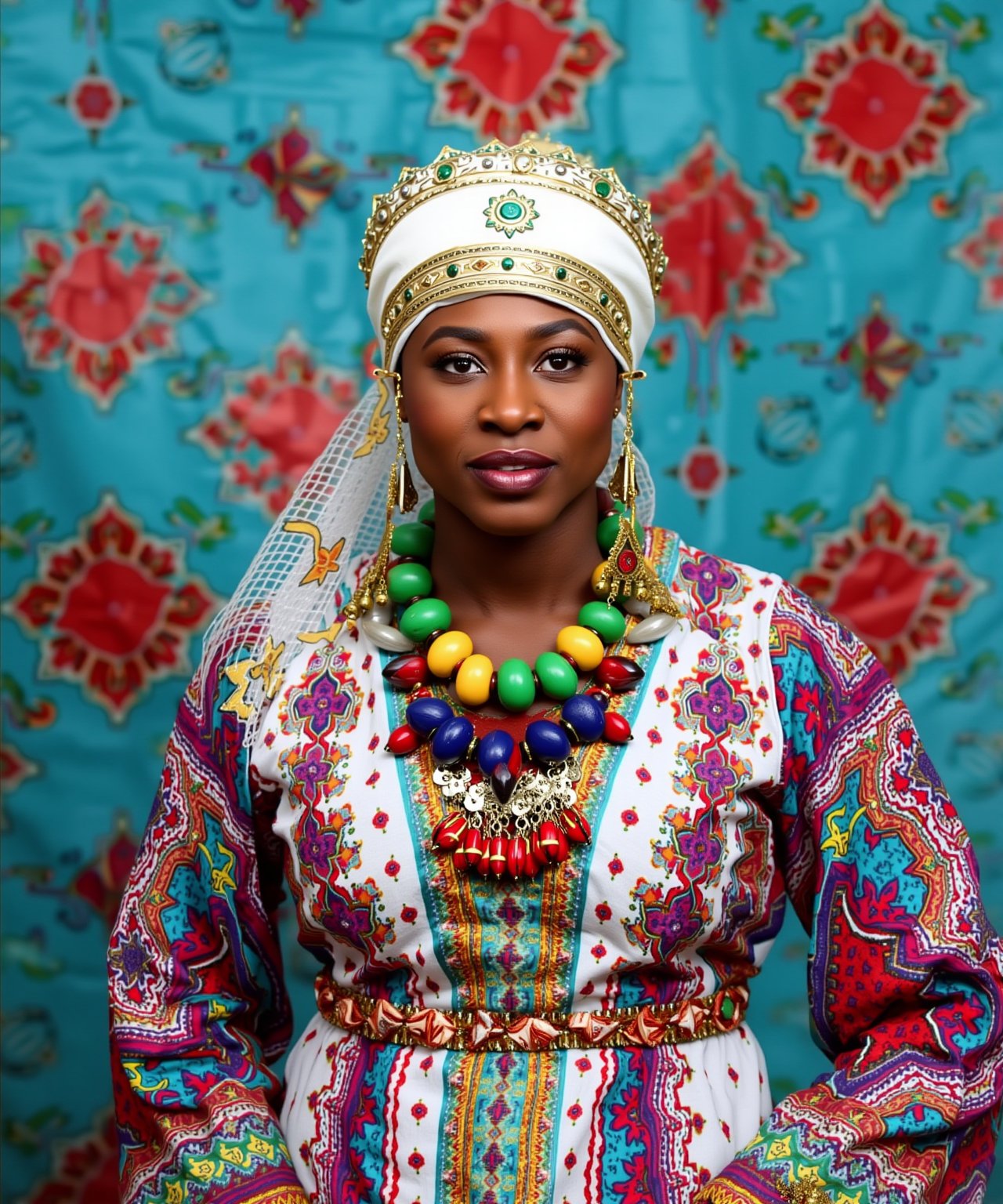 A portrait of (Serena Williams) wearing a traditional Moroccan outfit, moroccan style background,