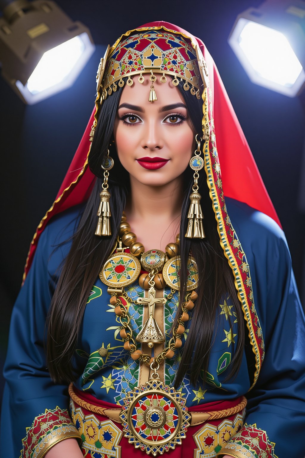 A young woman of European descent, with a fair complexion and delicate features, is adorned in a traditional garment, wearing a rich, deep red headpiece with intricately designed golden coins. Her dark hair is partially covered, with a central cross motif adding a religious or cultural significance. A large, ornate necklace with a central medallion and a matching bracelet on her right wrist accentuate her attire. Subtle makeup accentuates her eyes, and a small, white dot on her forehead may be a traditional or cultural mark. She stands against a dark, blurred background, drawing attention to her elaborate clothing. Soft, smooth fabric of her garment contrasts with the rough, metallic texture of the coins. The photograph's style is rich and detailed, capturing the essence of traditional attire and cultural adornment, reminiscent of a still from a Martin Scorsese film. The lighting setup is cinematic, with a combination of softbox lights placed above and to the side of the subject, creating a warm, golden glow. The color grading is slightly desaturated, with a slight brownish hue, and film grain adds a subtle texture to the image. In the center of the frame, the subject stands against a blurred background, with a slight focus on her face and the intricate details of her headpiece. The atmosphere is intimate and contemplative, inviting the viewer to step closer and examine the subject's intricate adornments.