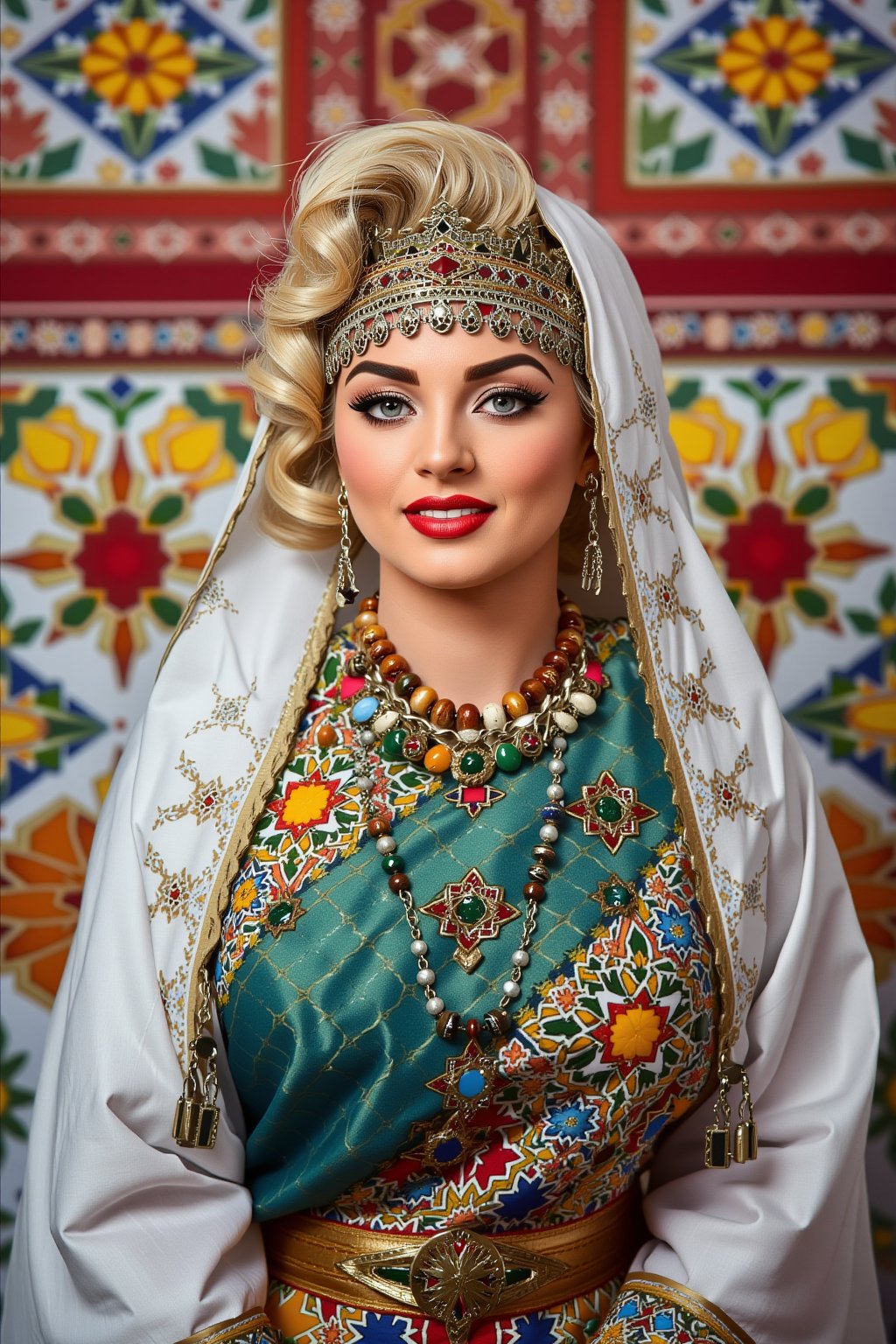 A portrait of (Marilyn Monroe) wearing a traditional Moroccan outfit, moroccan style background,