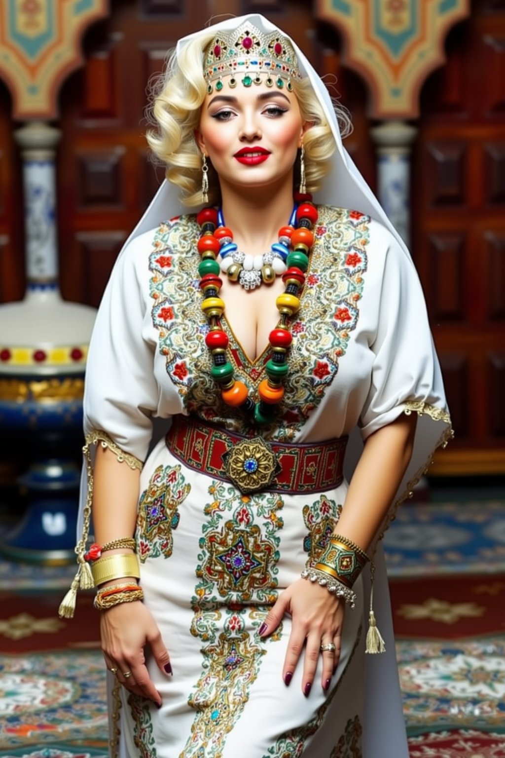 A portrait of (Marilyn Monroe) wearing a traditional Moroccan outfit, moroccan style background,